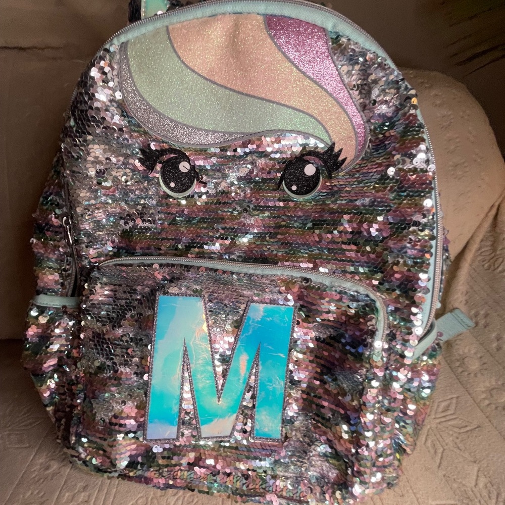 Justice Sequin Initial M large Backpack (Used Condition)